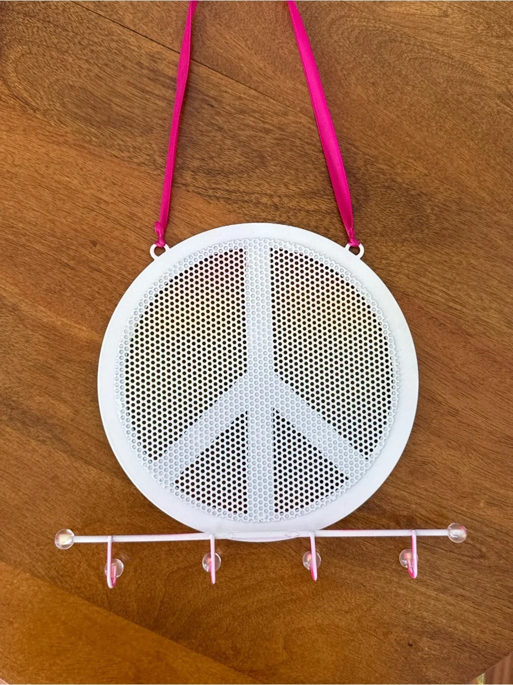 Rainbow Peace Sign Earring Holder/ Necklace Holder, Hanging with Pink Strap